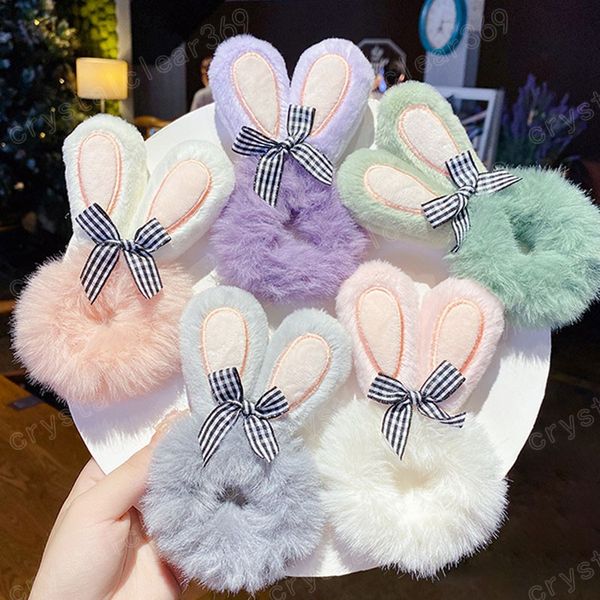

big rabbit ears plush hair accessories children girls elastic hair bands soft furry hair ties rope headband, Slivery;white