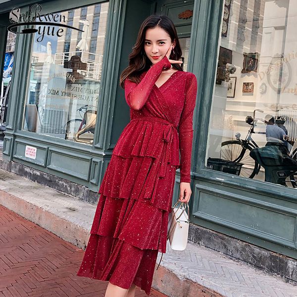 

spring lady mid-length cupcake dress retro feminine v-neck women slim long-sleeve red and black 2473 50 210521, Black;gray