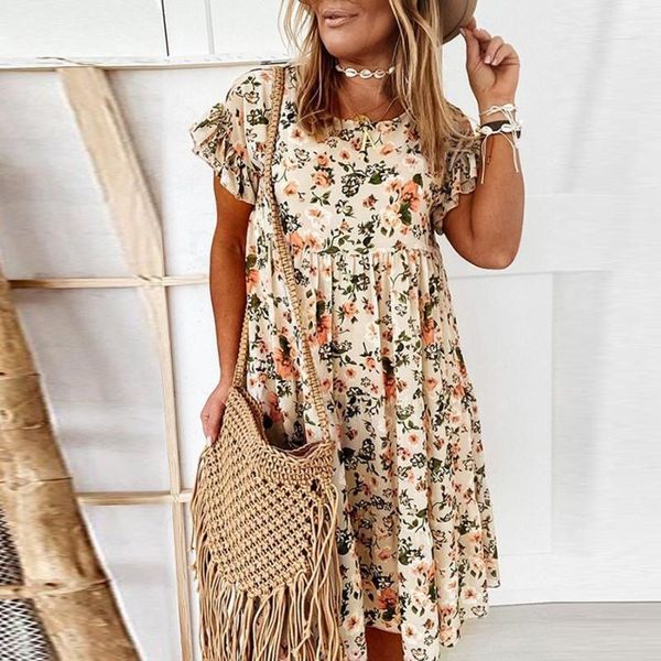 

women's swimwear womens summer ruffle sleeve loose dresses daily floral print o-neck a-line big swing sundress ladies leisure midi, White;black