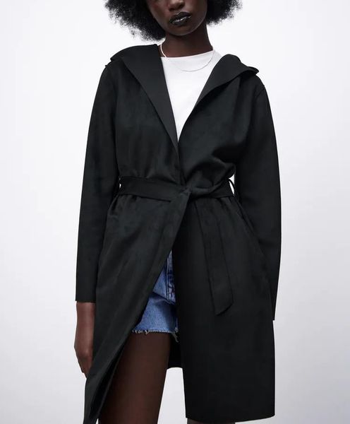 

women's trench coats coat for women fall 2021 suede texture black korean fashion casual hooded lapel belt long sleeve, Tan;black