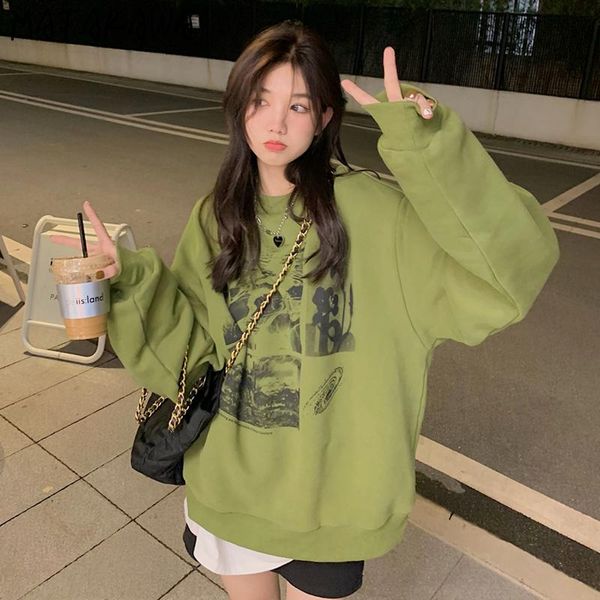 

women's hoodies & sweatshirts matakawa sweatshirt autumn winter plus thick velvet loose casual print round neck long sleeve pullovers, Black