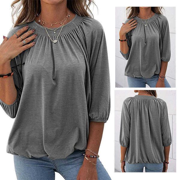 

yg8055 womens temperament pullover round neck womens t-shirt 7 / 4 sleeve, White