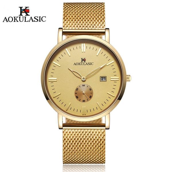 

wristwatches aokulasic ultra thin gold watches men quartz stainless steel men's brand clock man waterproof fashion casual wristwatch, Slivery;brown