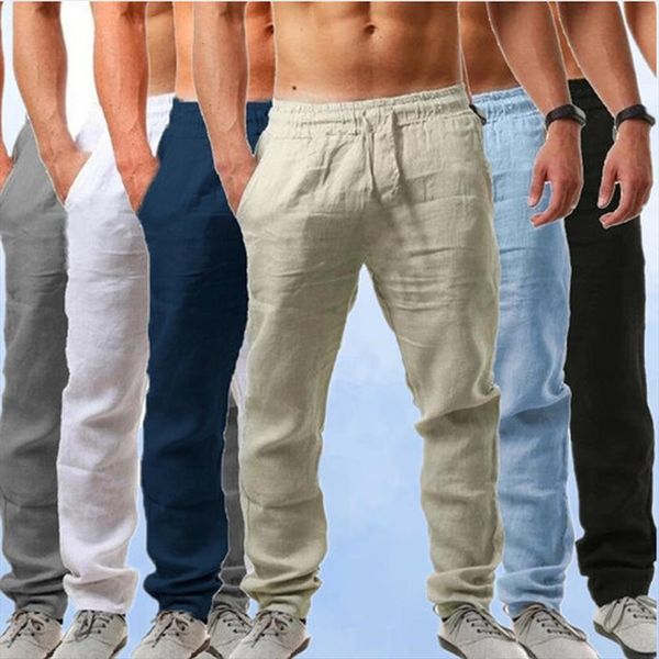 

cotton linen male summer women pants breathable solid color trousers, Black
