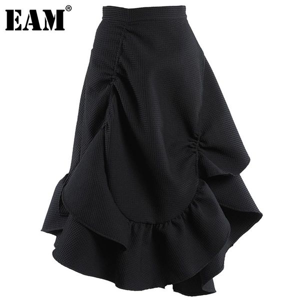 

[eam] black irregular wrinkled ruffle high elastic waist half-body skirt women fashion tide spring autumn 2021 1dd3216 skirts