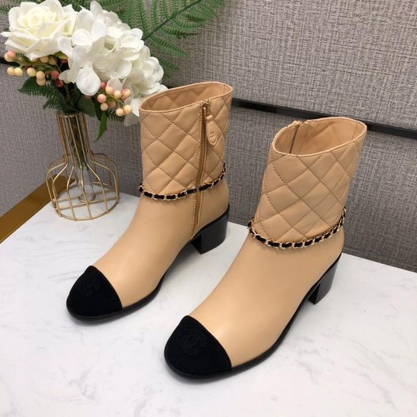 

boots black apricot high heel side zip ankle soft sheepskin spring fall booties women's chain decorative designer shoes big size