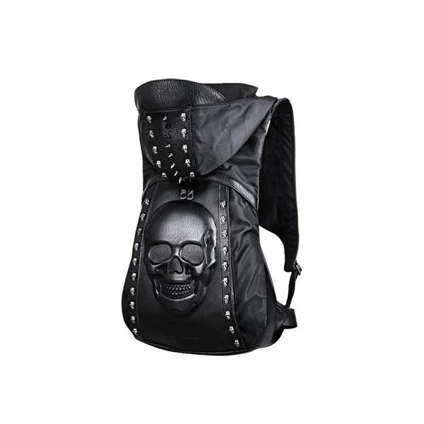 

backpack stylish hooded leather 3d men's rivets skull bag with hood cap punk gothic for male teenages
