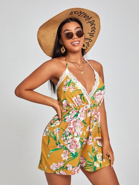 

plus lace trim floral halter romper d7nb#, Black