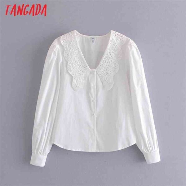 

women retro lace emboridery collar crop long sleeve chic female shirt qn19 210416, White