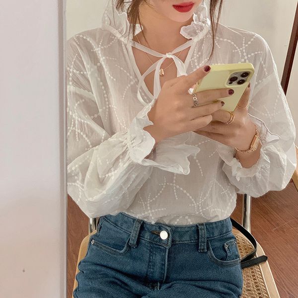 

spring autumn women's white blouse sweet korean style long lantern sleeve v neck shirt women loose (n0060 210423