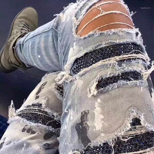 

men's jeans denim hip hop streetwear blue drill hole graffiti men high street trousers destroyed vintage frayed slim pencil pants