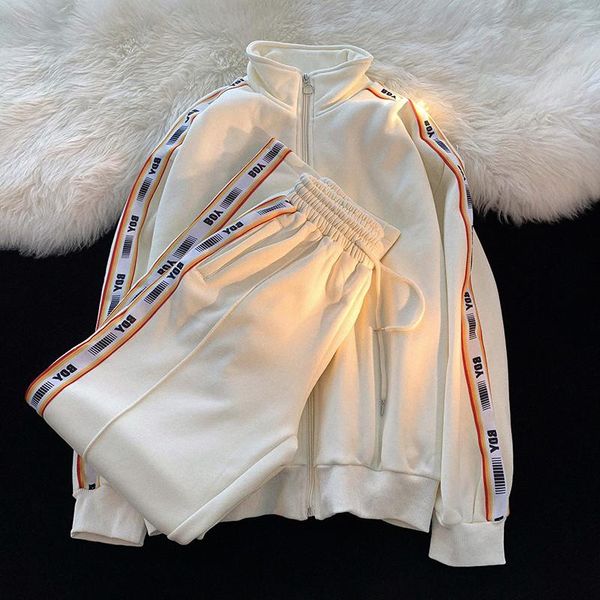

women's two piece pants japanese style hit color patchwork pieces sets korean chic oversize stand collar zipper coats and high street s, White