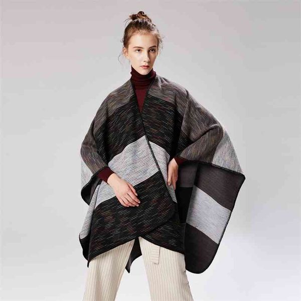 

european and american fashion thick autumn winter rainbow wide stripe dual-purpose shawl lengthening air conditioning warm 210427, White;black