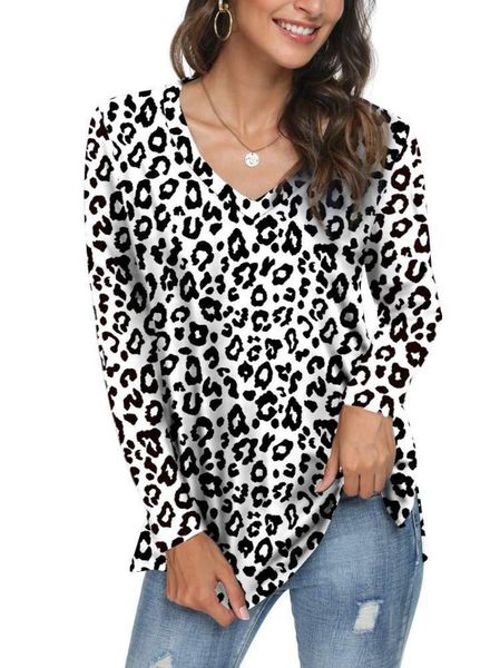 

2021 new v-neck leopard camouflage regular t-shirt top, White