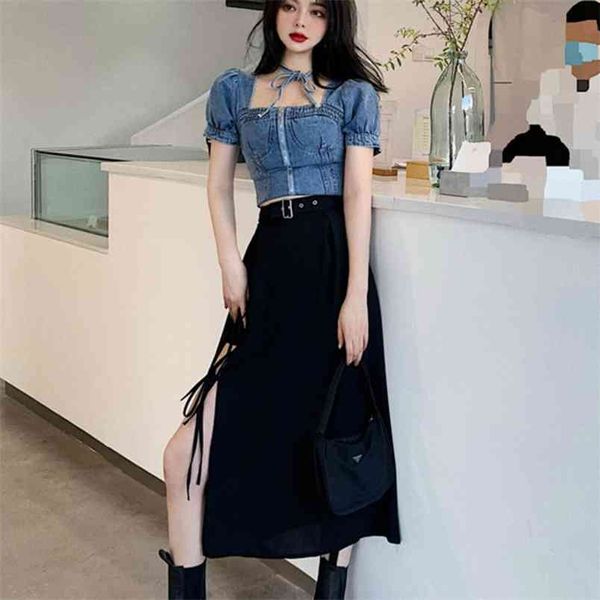 Coreano Streetwear Verão 2 peças Sets Womens Outfits Denim Calças de Jeans Crop Top Bandage Long Skirt San Feminino Dois 210514