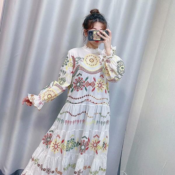 

spring chic fashion geometric print ruffled mid-length dress retro high neck long sleeve loose slim women casual dresses, Black;gray