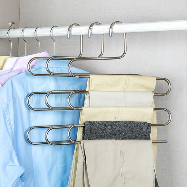 

magic stainless steel trousers hanger multifunction pants closet belt holder rack s-type 5 layers saving space hangers & racks