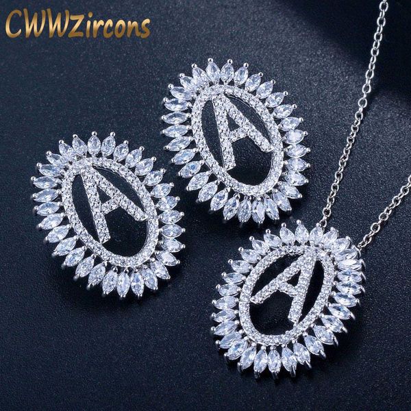 

earrings & necklace cwwzircons luxury cubic zirconia pave letter name pendant and fashion jewelry set for women t303, Silver