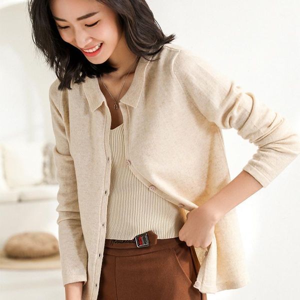 

women's sweaters real wool cardigan 2021 autumn arrival turn-down collar loose solid color jacket knit ladies shirt, White;black