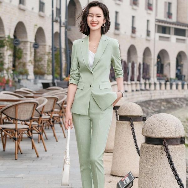 

women 2 piece set suit blazer and trousers for career interview ol fabric business pantsuits women's two pants, White
