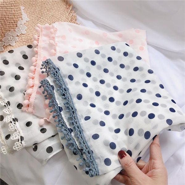 

scarves 2021 beautiful polka print pompon trim shawls cotton dot spot lace foulard long wrap scarf hijab 3 color, Blue;gray