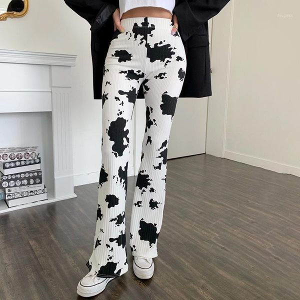 

women's pants & capris cow print women bottoms 2021 basic casual folds flare vertical stripes elastic waist vintage streetwear, Black;white
