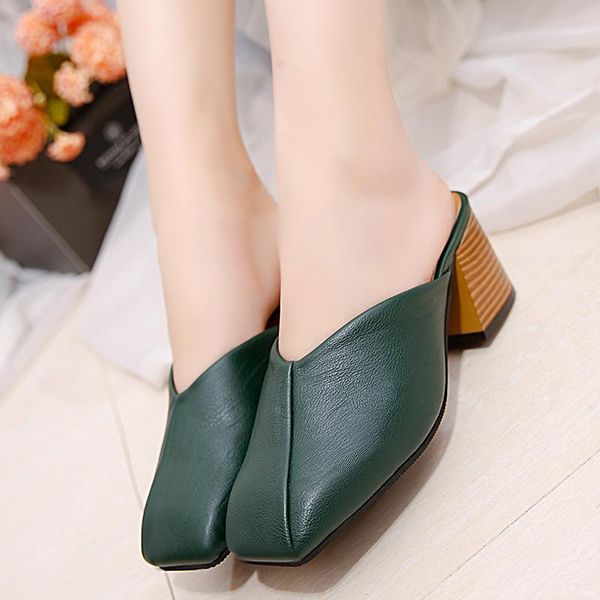

shoes slippers casual square heel med shallow cover toe slides slipers women luxury summer block soft 2021 fashion fabric hoof1, Black