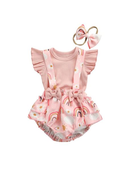 

clothing sets 3pcs toddler summer outfit, solid color ribbed ruffle sleeves + rainbow bib pants hair rope for baby girls, 0-18 months, White