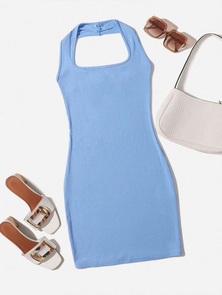 

solid rib-knit bodycon dress 23mn#, Black;gray