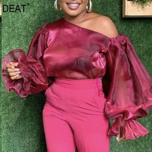 

[deat] off shoulder skew collar flared sleeve loose casual plus size shirt fashion women blouses 2021 spring gx208 women's & shirts, White