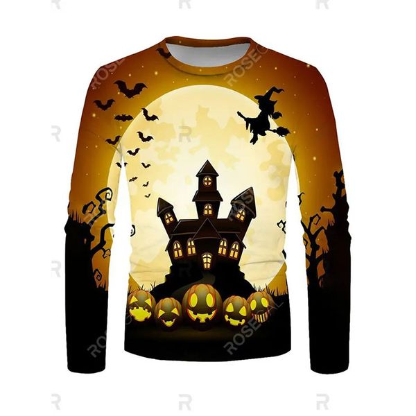 

halloween men's night bat witch graphic crew neck long t-shirt, Black