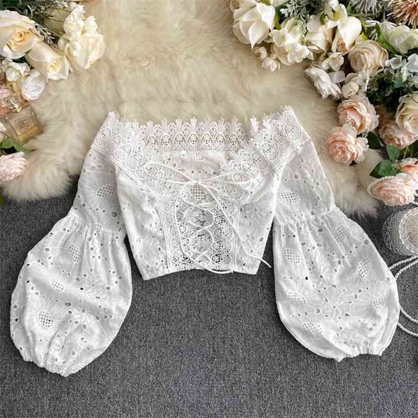 

women ins hollow lace short crop holiday female v neck long lantern sleeve elegant blouse shirts l803 210527, White