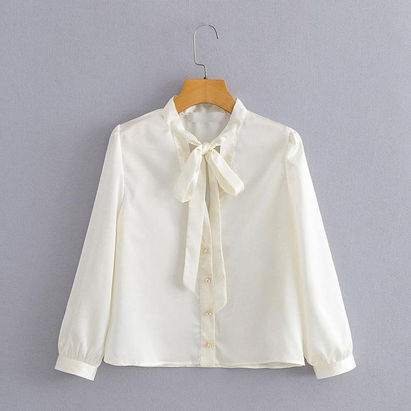 

women's blouses & shirts women 2022 fashion faux pearl buttons cozy vintage bow tied collar long sleeve female streetwear, White