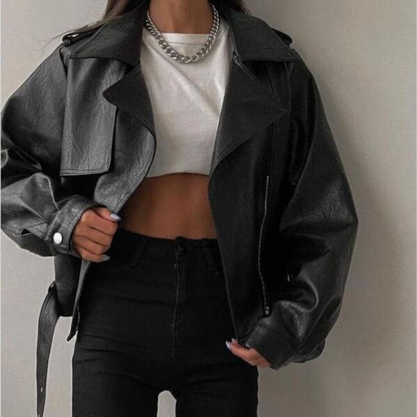 

women's leather & faux holiwind 2021 women loose pu jacket black soft street motobike coat casual outerwear
