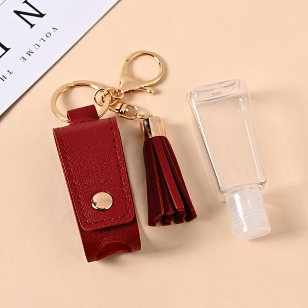 

30ml portable empty leakproof plastic travel bottle for hand sanitizer with tassels leather keychain holder carriers storage bottles & jars
