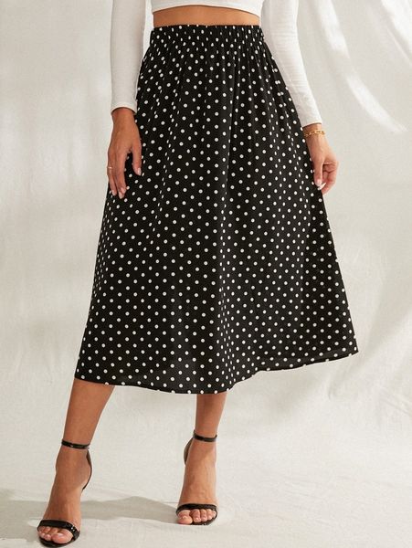 

polka dot print elastic waist skirt 64hg#, Black