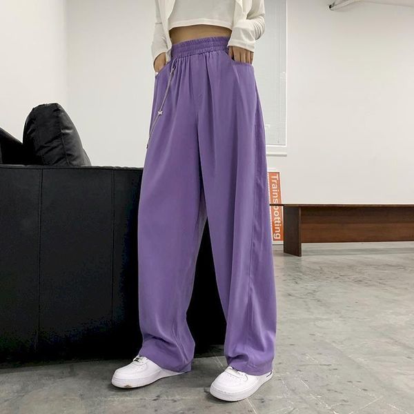 

purple streetwear high waist womens capris plus size summer casual trousers sweatpants womans wide leg straight fleece ankle length, Black;white
