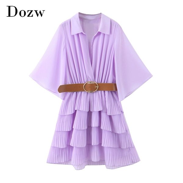 

women purple chiffon mini dress with belt summer flare sleeve cascading ruffle lapel collar solid casual es 210515, Black;gray