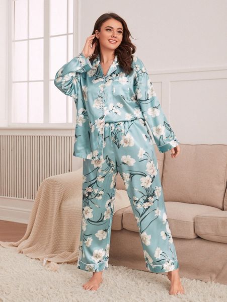 

plus floral print contrast piping drop shoulder satin pj set e9jo#, Black;white