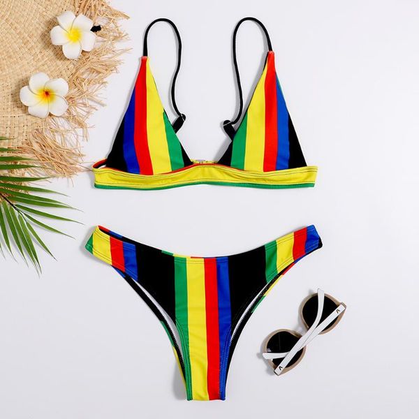 

women's swimwear women 2 pcs bathing suits, adults striped bikini with adjustable spaghetti strap chest pad thong, White;black