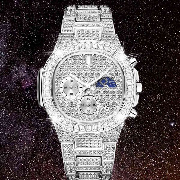 Gelado para fora Mens relógios Top marca luxo relógio de quartzo para homens impermeável cronógrafo hip hop completo diamante masculino relógio