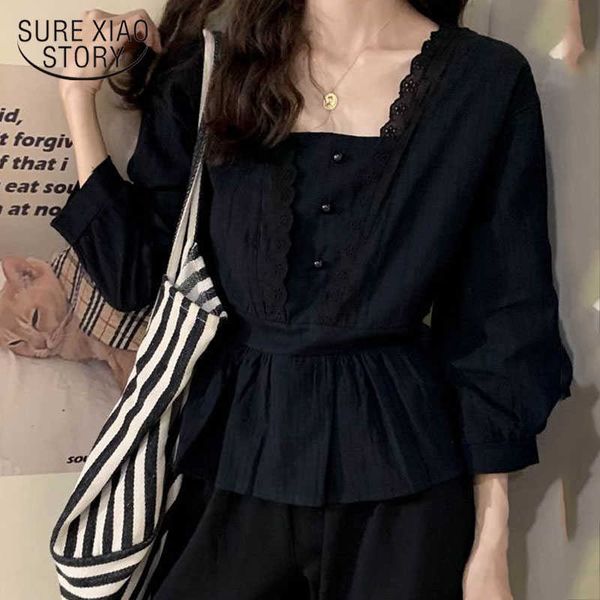 

summer square collar nine quarter sleeve casual button ladies' slim lantern sleeve vintage lace blouse women 9697 210527, White