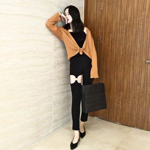 

women's pants & capris aiiou black women long gothic hip hop hollow out desgin rock chain zipper leggings streetwear club fashion pant, Black;white