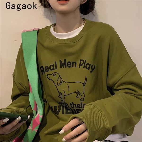

women's hoodies & sweatshirts gagaok women 2021 spring autumn college style cute dog printed bf sweatshirt o-neck female loose wild pul, Black