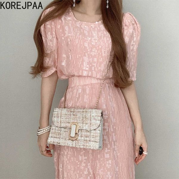 

korejpaa women dress set summer korean chic gentle o neck sequin bubble sleeve shirt and high-waisted thin long skirt suit 210526, White