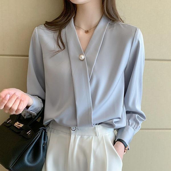 

women's blouses & shirts 2021 spring good texture chiffon shirt pearl decorated korean satin v-neck shirt, White