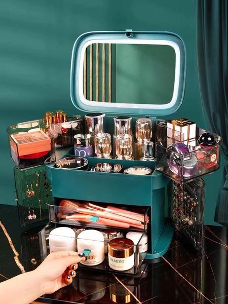 

storage boxes & bins big capacity led light cosmetic box waterproof dustproof deskdrawer makeup organizer jewelry display