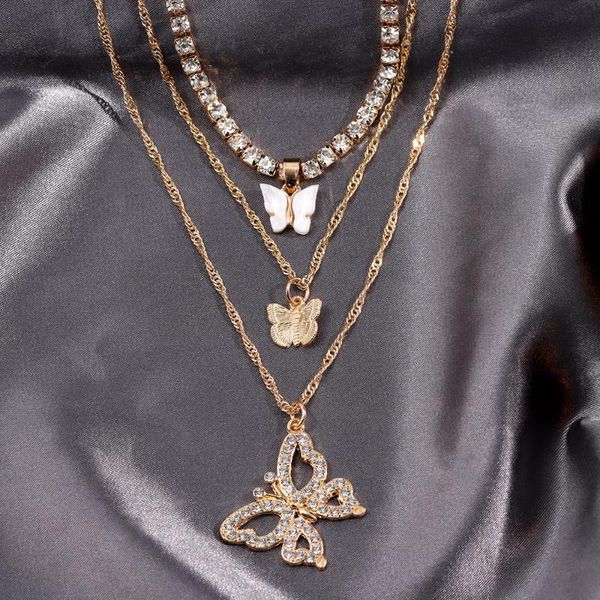 

chains multilayer acrylic butterflys twist chain necklace for women rhinestone tennis necklaces crystal pendant jewelry, Silver