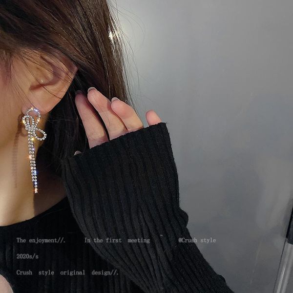 

dangle & chandelier no fading temperament earrings with personality fashion alloy full rhinestone bow tassel for women party wholesale, Silver
