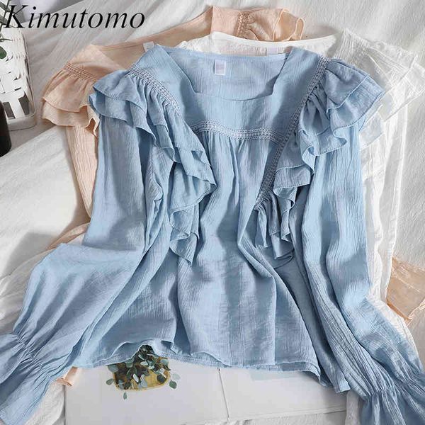 

kimutomo elegant ruffles blouse women spring fashion square collar long sleeve shirt korean chic thin solid 210521, White